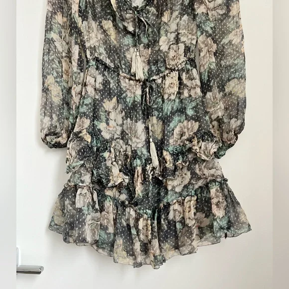 Zimmermann 0 XS Silk Floral Long Sleeve Tiered Ruffle Mini Dress - Picture 6 of 10